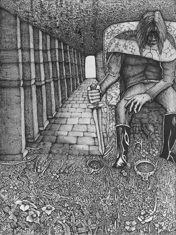 Ink drawing of Vale sitting within my mind, waiting for his story to be written.